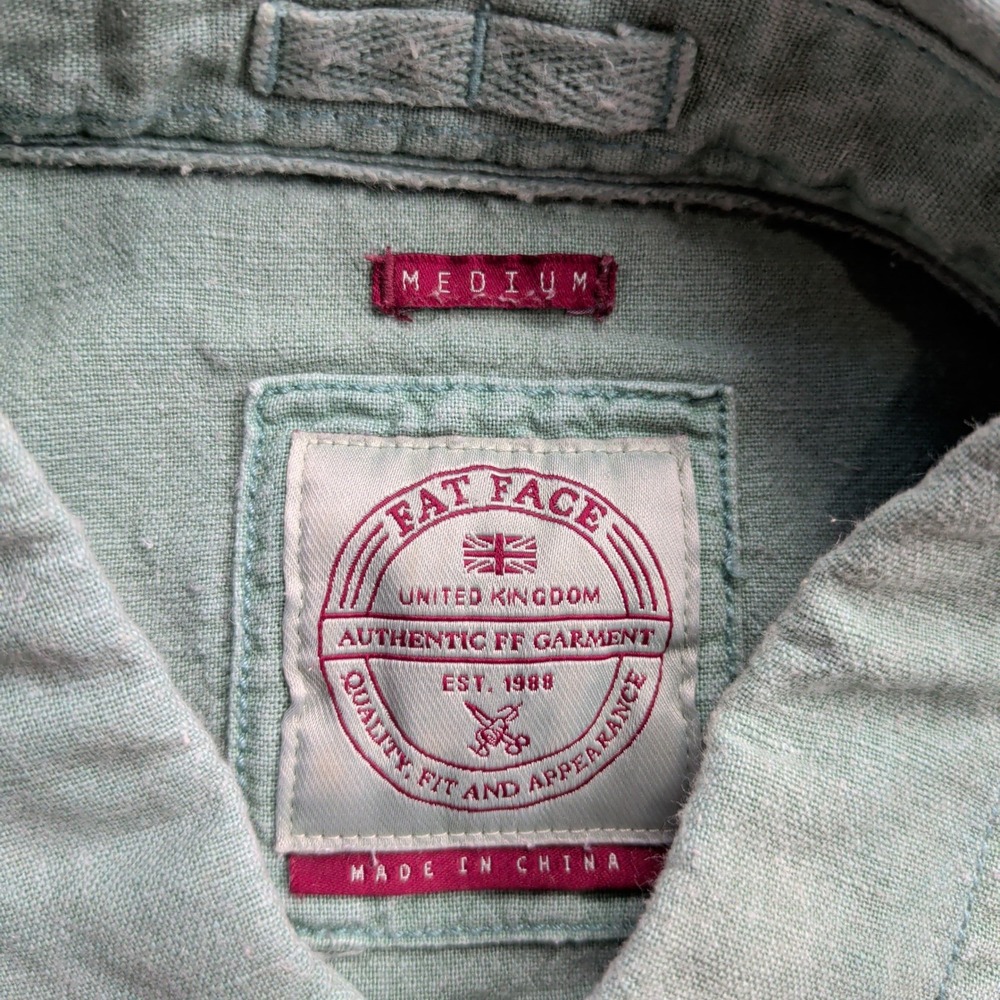 FatFace Shirt Mens M Aqua Marine Green Cotton Linen Blend Short Sleeve Button Up - Picture 3 of 10